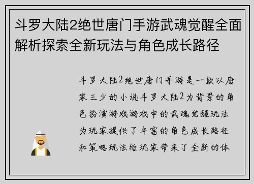 斗罗大陆2绝世唐门手游武魂觉醒全面解析探索全新玩法与角色成长路径